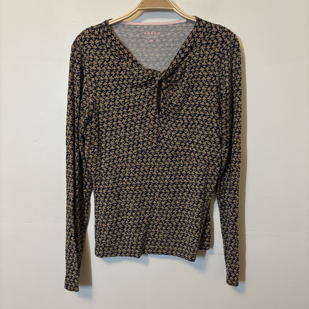 Boden Elodie Jersey Wrap Shirt Long Sleeve Key-Hole 16 Blue Tan Office - Desc